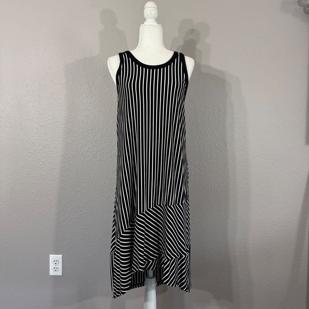 Cabi Women's Size XL Black Striped Sleeveless‎ Asymmetrical Knit Midi Dress 5946